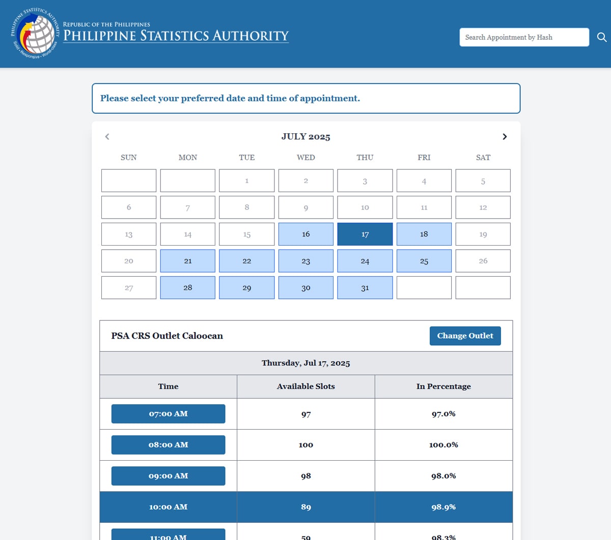 Choosing a date and time for your PSA online appointment at your selected outlet